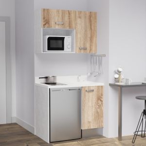 Kitchenette K00 - 100 cm - meubles chêne, plan monobloc blanc avec évier à droite