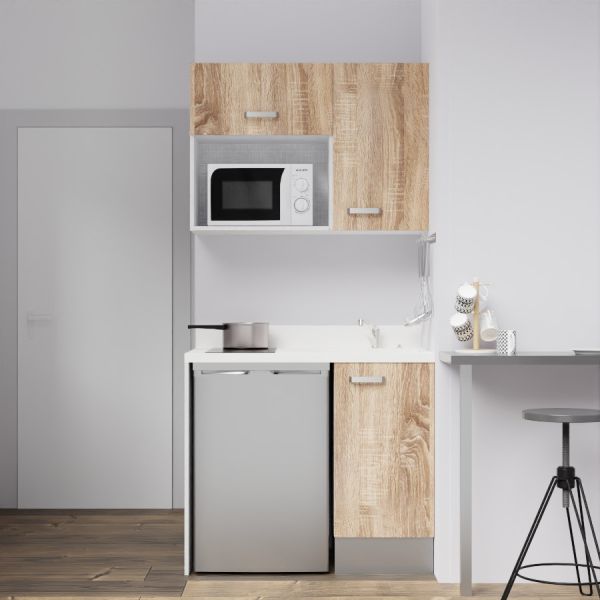 Kitchenette K00 - 100 cm - meubles chêne, plan monobloc gris avec évier à droite