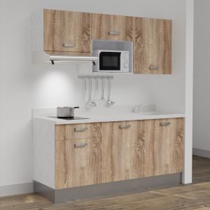 Kitchenette K30 - 180 cm meubles chêne, plan monobloc blanc évier à droite