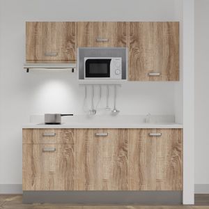 Kitchenette K30 - 180 cm meubles chêne, plan monobloc blanc évier à droite