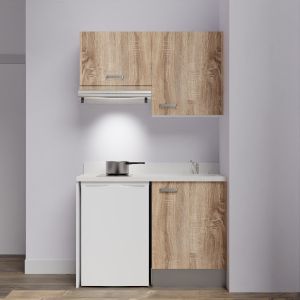 Kitchenette K01 - 120 cm avec emplacement frigo top et hotte - couleur bois - plan monobloc blanc évier à droite