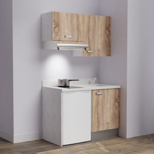 Kitchenette K01 - 120 cm avec emplacement frigo top et hotte - couleur bois - plan monobloc blanc évier à droite