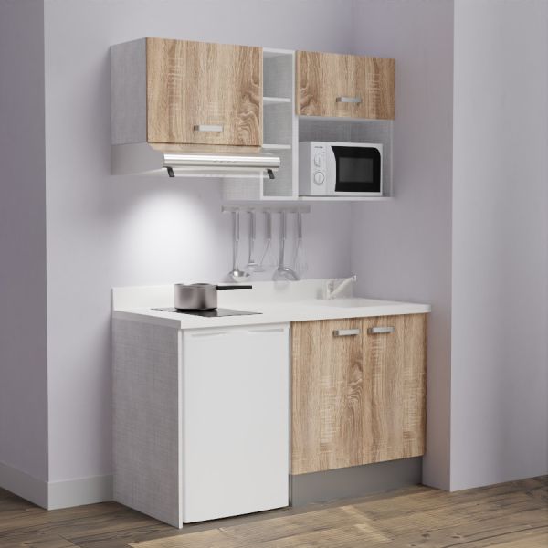 Kitchenette K13 - 140 cm avec emplacements frigo, hotte et micro-ondes - meubles bois, plan monobloc blanc évier à droite