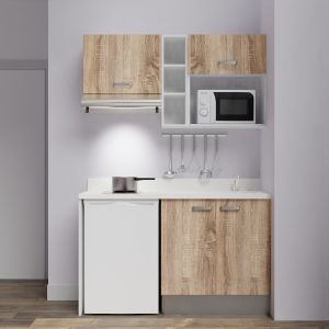 Kitchenette K13 - 140 cm avec emplacements frigo, hotte et micro-ondes - meubles bois, plan monobloc blanc évier à droite