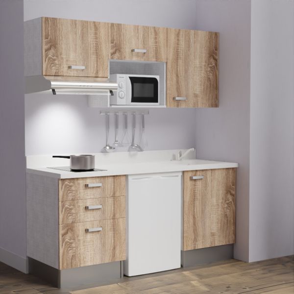 Kitchenette K20 - 180 cm avec emplacements frigo, micro-ondes et hotte - meubles bois, plan monobloc blanc évier à droite