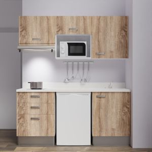 Kitchenette K20 - 180 cm avec emplacements frigo, micro-ondes et hotte - meubles bois, plan monobloc blanc évier à droite