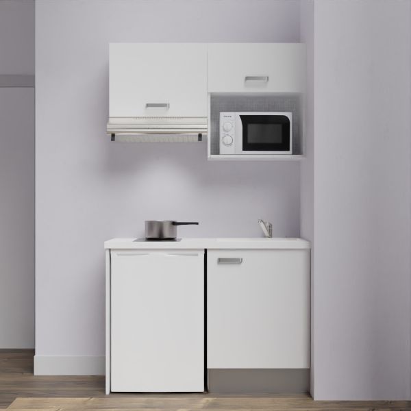 Kitchenette K02-PT - 120 cm meubles blanc, plan de travail blanc et évier blanc