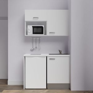 Kitchenette K07-PT - 120 cm meubles coloris blanc mat, plan de travail blanc, évier noir