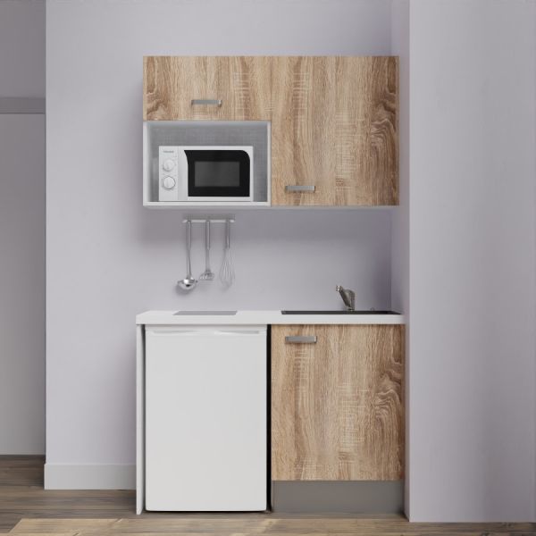 Kitchenette K07-PT - 120 cm meubles coloris bois, plan de travail blanc, évier noir