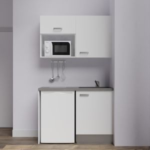 Kitchenette K07-PT - 120 cm meubles coloris blanc, plan de travail gris, évier noir