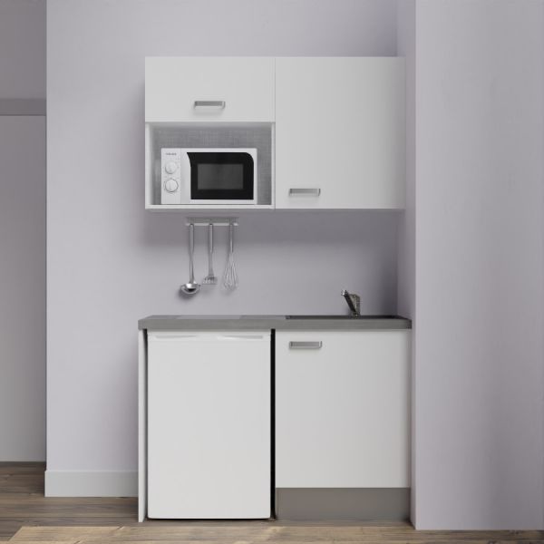 Kitchenette K07-PT - 120 cm meubles coloris blanc, plan de travail gris, évier noir