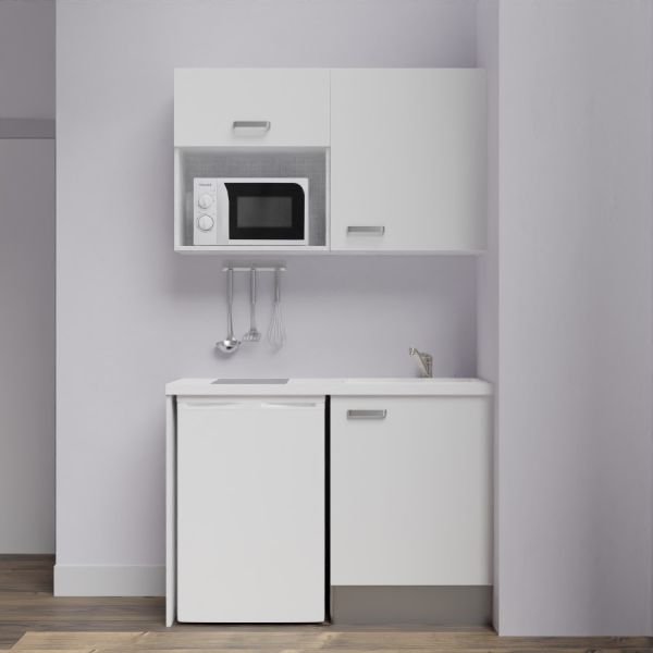 Kitchenette K07-PT - 120 cm meubles coloris blanc mat, plan de travail blanc, évier blanc