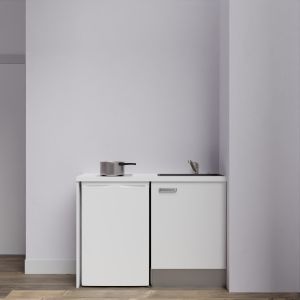 Kitchenette K08-PT - 120 cm avec plan de travail blanc et évier noir - emplacement frigo - meuble blanc mat