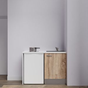 Kitchenette K08-PT - 120 cm avec plan de travail blanc et évier noir - emplacement frigo - meuble couleur bois