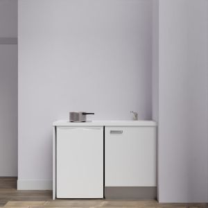 Kitchenette K08-PT - 120 cm avec plan de travail blanc et évier blanc - emplacement frigo - meuble blanc mat