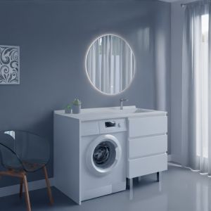 Meuble KORA 124 cm vasque déportée à droite + Miroir Fazzio 80 - Blanc brillant