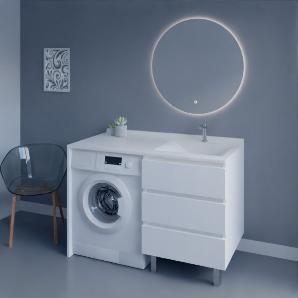 Meuble KORA 124 cm vasque déportée à droite + Miroir Fazzio 80 - Blanc brillant