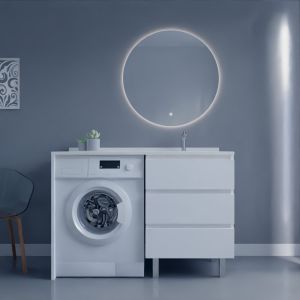 Meuble KORA 124 cm vasque déportée à droite + Miroir Fazzio 80 - Blanc brillant