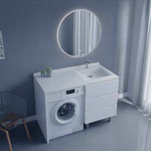 Meuble KORA 124 cm vasque déportée à droite + Miroir Fazzio 80 - Blanc brillant