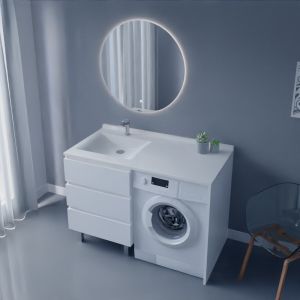 Meuble KORA 124 cm vasque déportée à gauche + Miroir Fazzio 80 - Blanc brillant