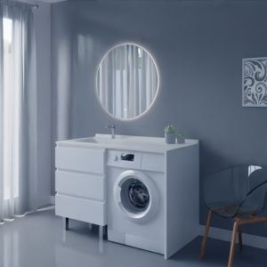 Meuble KORA 124 cm vasque déportée à gauche + Miroir Fazzio 80 - Blanc brillant