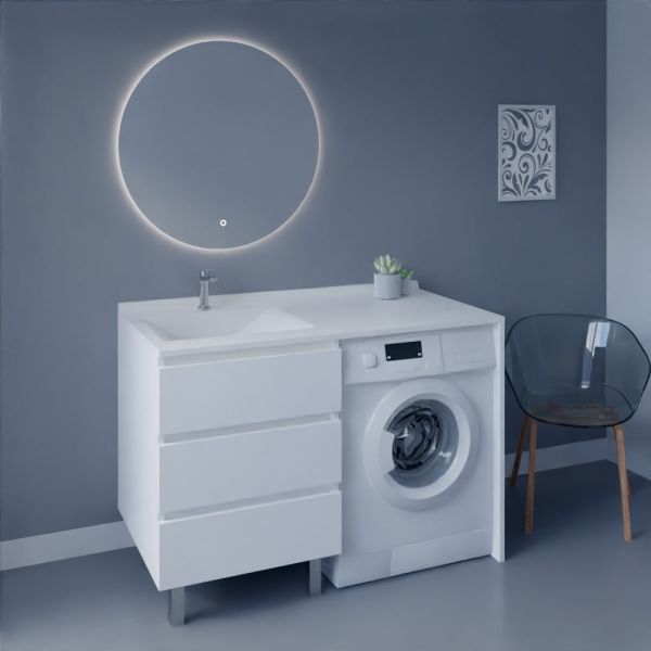 Meuble KORA 124 cm vasque déportée à gauche + Miroir Fazzio 80 - Blanc brillant
