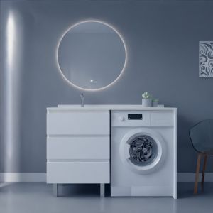 Meuble KORA 124 cm vasque déportée à gauche + Miroir Fazzio 80 - Blanc brillant