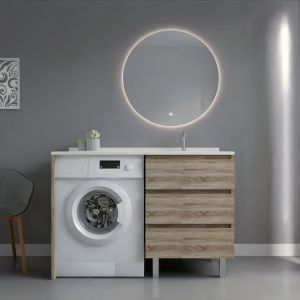 Meuble KORA 124 cm vasque déportée à droite + Miroir Fazzio 80 - Cambrian Oak