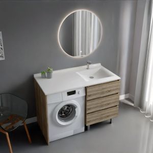 Meuble KORA 124 cm vasque déportée à droite + Miroir Fazzio 80 - Cambrian Oak