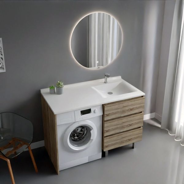 Meuble KORA 124 cm vasque déportée à droite + Miroir Fazzio 80 - Cambrian Oak
