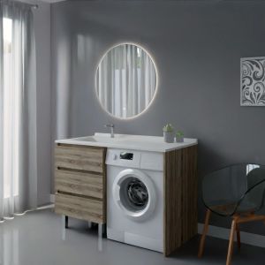Meuble KORA 124 cm vasque déportée à gauche + Miroir Fazzio 80 - Cambrian Oak