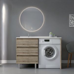 Meuble KORA 124 cm vasque déportée à gauche + Miroir Fazzio 80 - Cambrian Oak