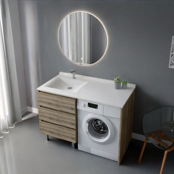 Meuble KORA 124 cm vasque déportée à gauche + Miroir Fazzio 80 - Cambrian Oak