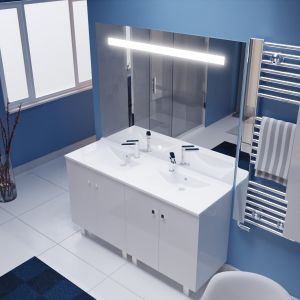 Meuble sur pieds ECOLINE 140 cm avec plan double vasque résine et miroir Elégance ht105- Blanc brillant