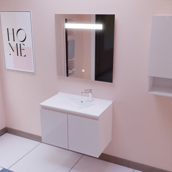 Meuble PROLINE 80 cm avec plan vasque et miroir Elégance ht80 - Blanc brillant