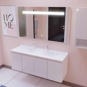 Meuble PROLINE 140 cm avec plan double vasque et miroir Elégance ht80- Blanc brillant