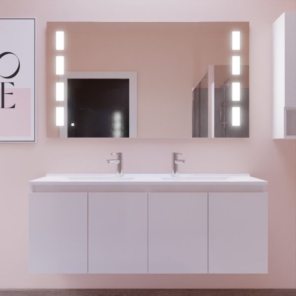 Meuble PROLINE 140 cm avec plan double vasque et miroir Prestige - Blanc brillant