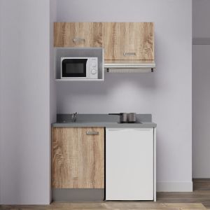 Kitchenette K02L - 120 cm avec plan monobloc, emplacement frigo, hotte et micro-ondes
