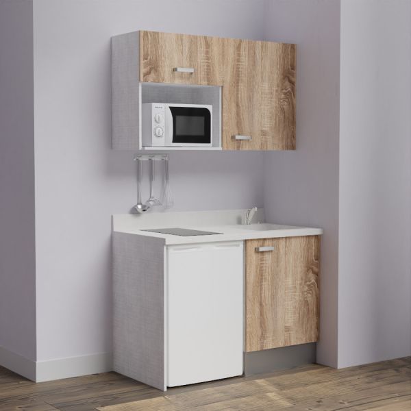 Kitchenette K07L - 120 cm - emplacements frigo top et micro-ondes  - meubles coloris bois, plan monobloc blanc avec évier à droi