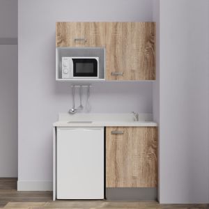 Kitchenette K07L - 120 cm - emplacements frigo top et micro-ondes - meubles coloris bois, plan monobloc blanc avec évier à droit