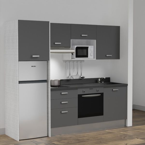 Kitchenette K37L - 240 cm - emplacements four, micro-ondes, hotte et frigo meubles gris  + monobloc noir évier à droite