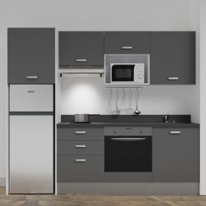 Kitchenette K37L - 240 cm - emplacements four, micro-ondes, hotte et frigo meubles gris + monobloc noir évier à gauche