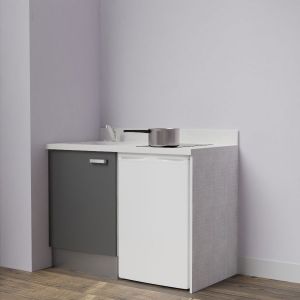 Kitchenette K08L - 120 cm avec emplacement frigo top - meuble bas couleur gris - bloc évier en quartz blanc