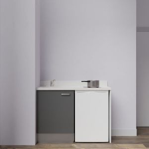 Kitchenette K08L - 120 cm avec emplacement frigo top - meuble bas couleur gris - bloc évier en quartz blanc