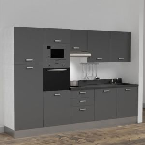 Kitchenette K46L - 300 cm - emplacements four, micro-ondes, hotte - meubles gris, planiquartz noir - évier à droite