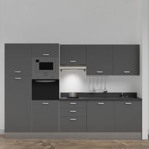 Kitchenette K46L - 300 cm - emplacements four, micro-ondes, hotte - meubles gris, planiquartz noir - évier à droite