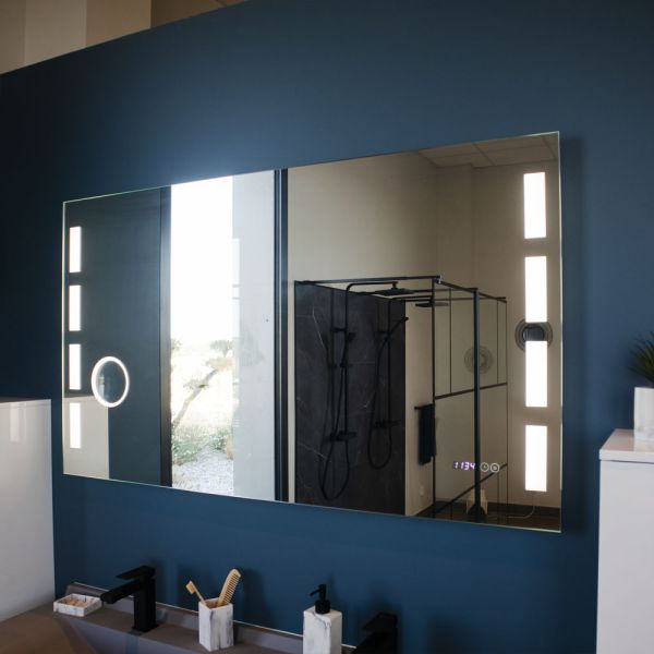 Miroir anti-buée EXCELLENCE 120x80 cm - Eclairage LED - Loupe et heure