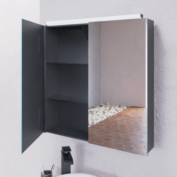 Armoire salle de bain MIRBOX  - 60 cm x 60 cm - portes miroir, éclairage LED, étagère de rangement et prise à l'intérieur