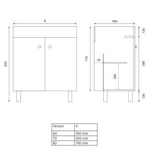 Meuble salle de bain blanc brillant, 2 portes, pieds chromé ECOLINE 70 cm de largeur