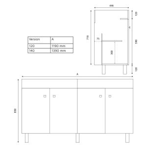 Meuble sur pieds ECOLINE 140 cm avec plan double vasque schéma